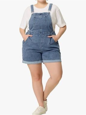 Women's Plus Size Overall Shorts Jumpsuit Roll Hem Pocket Jean Denim Overalls
